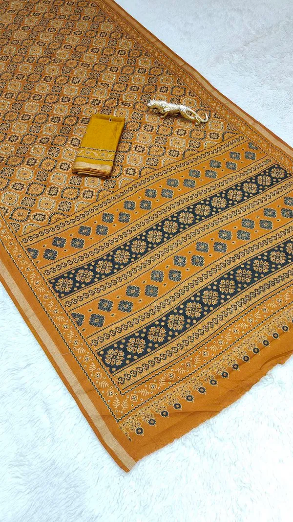 Mustard_Yellow_Ajrakh_Print_Cotton_Saree_With_Blouse_Piece