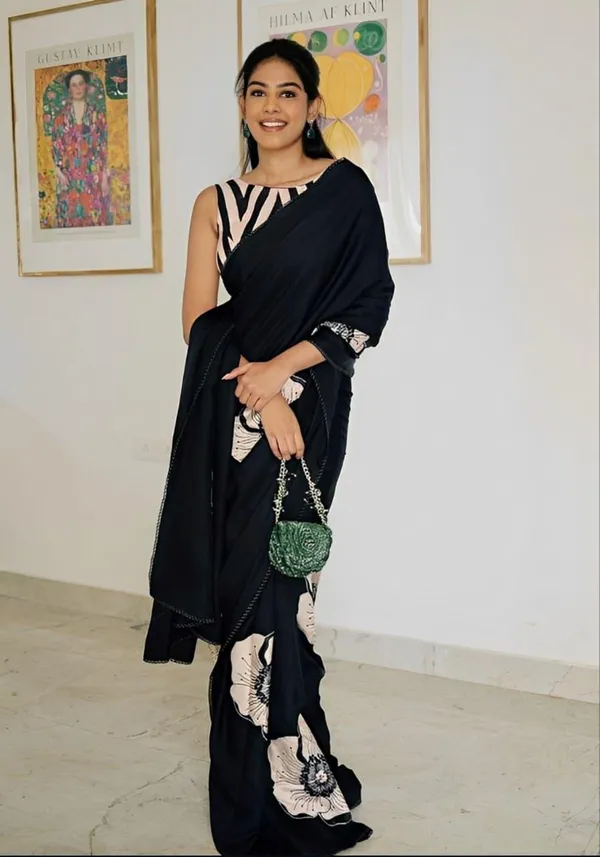 Black_Saree_With_Cream_Floral_Appliqué_Work_And_Contrast_Blouse