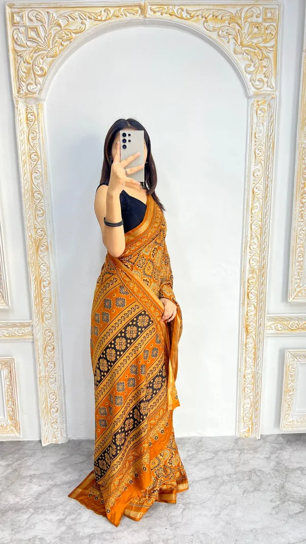 Mustard_Yellow_Ajrakh_Print_Cotton_Saree_With_Blouse_Piece