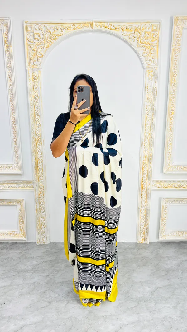 White_And_Black_Polka_Dot_Saree_With_Contrast_Border_And_Yellow_Accent