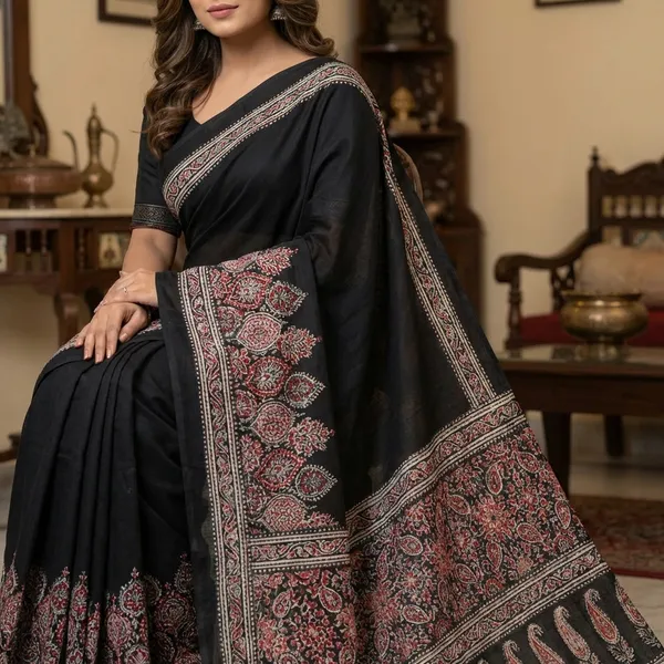 Elegant_Black_Saree_With_Pink_Floral_Embroidered_Border