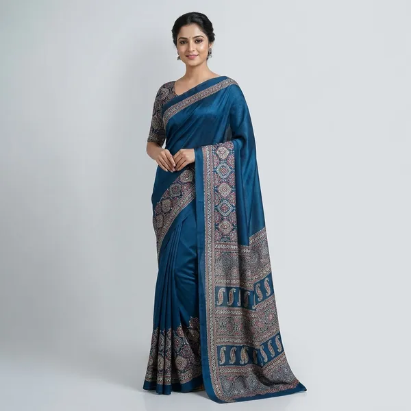 Designer_Blue_Saree_With_Intricate_Kalamkari_Print_And_Paisley_Motifs