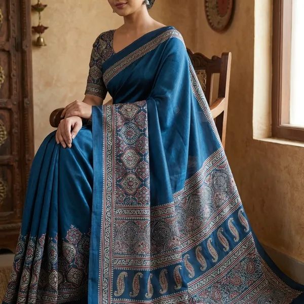Designer_Blue_Saree_With_Intricate_Kalamkari_Print_And_Paisley_Motifs