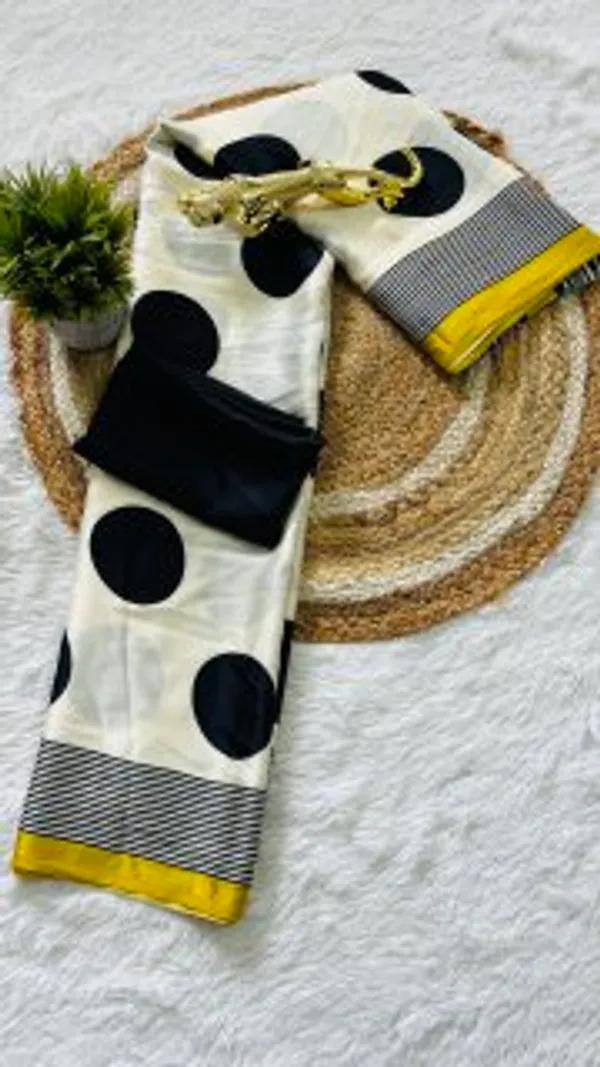 White_And_Black_Polka_Dot_Saree_With_Contrast_Border_And_Yellow_Accent