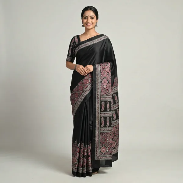 Black_Saree_With_Pink_Floral_Embroidery_And_Paisley_Border