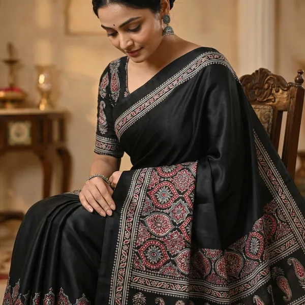 Black_Saree_With_Pink_Floral_Embroidery_And_Paisley_Border