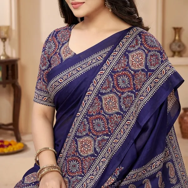 Royal_Blue_Kalamkari_Print_Saree_With_Intricate_Paisley_Border