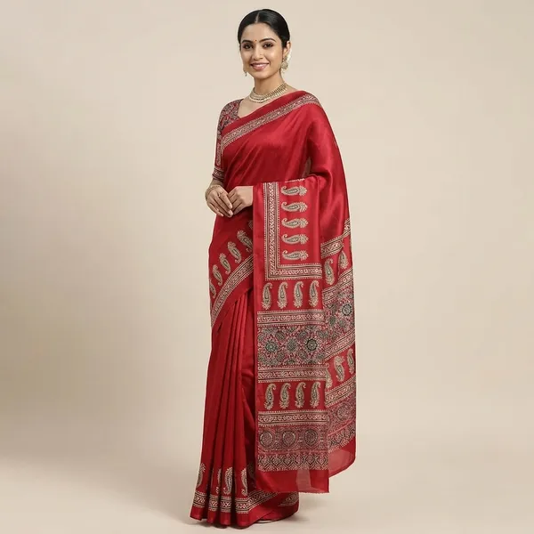 Red_Saree_With_Golden_Embroidered_Border_And_Pallu
