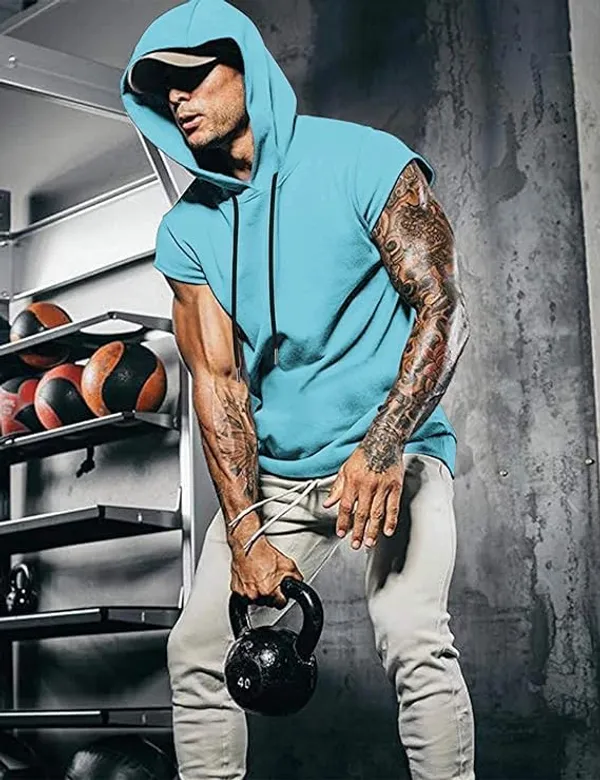 Men_S_Short_Sleeve_Hoodie_With_Kangaroo_Pocket_And_Muscle_Fit_Hoodie_For_Men_Breathable_Turquoise_Gym_Hoodie