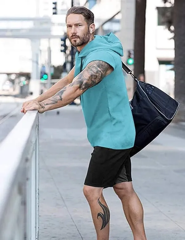 Men_S_Short_Sleeve_Hoodie_With_Kangaroo_Pocket_And_Muscle_Fit_Hoodie_For_Men_Breathable_Turquoise_Gym_Hoodie