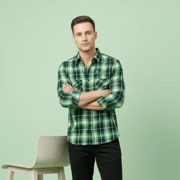Hot_Button_Men's_Green_Checkered_Slim_Fit_Cotton_Shirt_|_Casual_Plaid_Flannel_with_Dual_Chest_Pockets_|_Premium_Full_Sleeve_Western_Wear