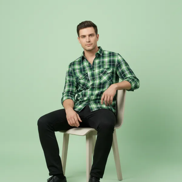 Hot_Button_Men's_Green_Checkered_Slim_Fit_Cotton_Shirt_|_Casual_Plaid_Flannel_with_Dual_Chest_Pockets_|_Premium_Full_Sleeve_Western_Wear