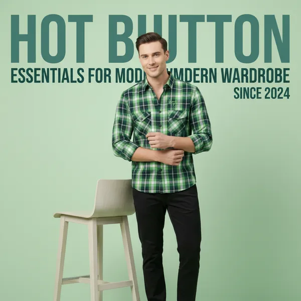 Hot_Button_Men's_Green_Checkered_Slim_Fit_Cotton_Shirt_|_Casual_Plaid_Flannel_with_Dual_Chest_Pockets_|_Premium_Full_Sleeve_Western_Wear