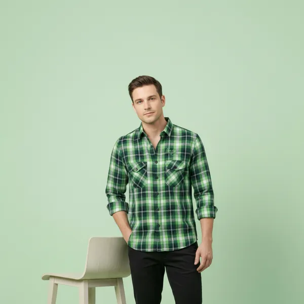 Hot_Button_Men's_Green_Checkered_Slim_Fit_Cotton_Shirt_|_Casual_Plaid_Flannel_with_Dual_Chest_Pockets_|_Premium_Full_Sleeve_Western_Wear