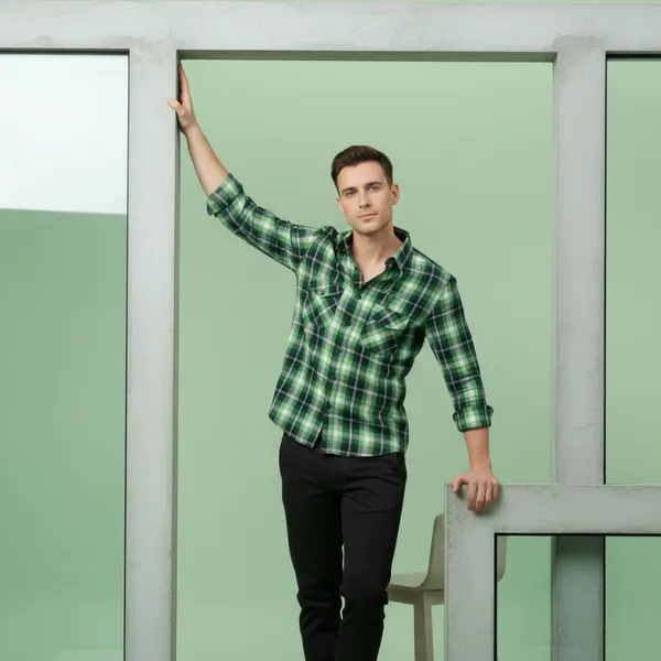 Hot_Button_Men's_Green_Checkered_Slim_Fit_Cotton_Shirt_|_Casual_Plaid_Flannel_with_Dual_Chest_Pockets_|_Premium_Full_Sleeve_Western_Wear