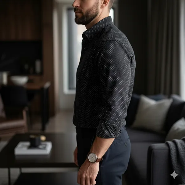 Men's_Premium_Charcoal_Black_Micro-Dot_Slim_Fit_Shirt_|_Pocketless_Design_with_Dark_Grey_Buttons_|_Formal_&_Casual_Wear_|_100%_Breathable_Cotton