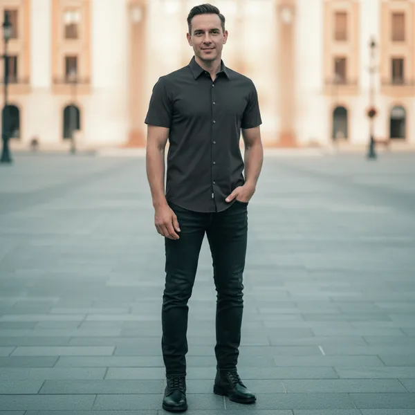 Mens_Premium_Charcoal_Grey_Blue_Half_Sleeve_Casual_Shirt_And_Regular_Fit_Cotton_Blend_Button_Down