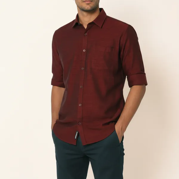 Men’s_Premium_Maroon_Textured_Linen_Slim_Fit_Casual_Shirt_|_Full_Sleeve_Solid_Maroon_Shirt_with_Chest_Pocket
