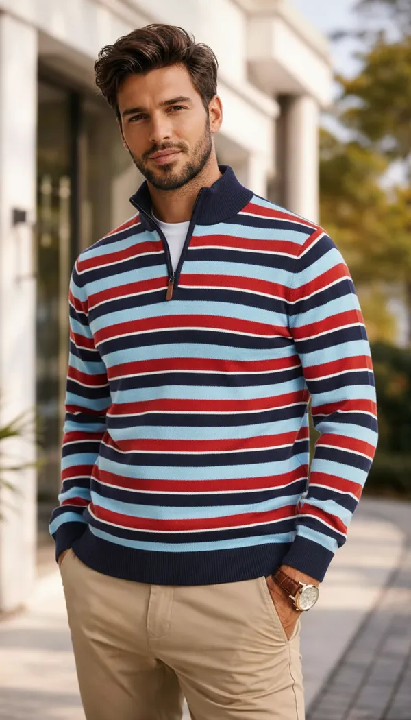 Men_S_Premium_Multi_Color_Striped_Half_Zip_Sweater_And_Cotton_Blend_Quarter_Zip_Pullover_And_Slim_Fit_Nautical_Knitwear_For_Men