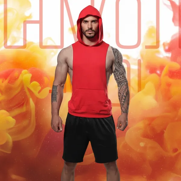 Mens_Red_Gym_Sleeveless_Tank_Tops_Stringer_Hoodie_Vest