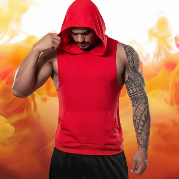 Mens_Red_Gym_Sleeveless_Tank_Tops_Stringer_Hoodie_Vest