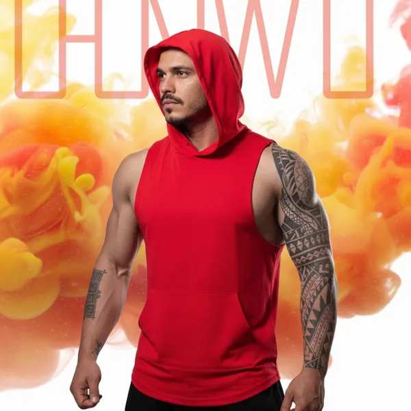 Mens_Red_Gym_Sleeveless_Tank_Tops_Stringer_Hoodie_Vest