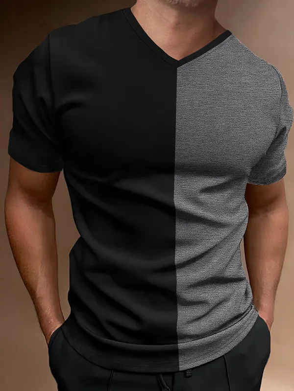 Hot_Button_Men_S_Two_Tone_V_Neck_T_Shirt_Black_And_Grey_Short_Sleeve_Slim_Fit