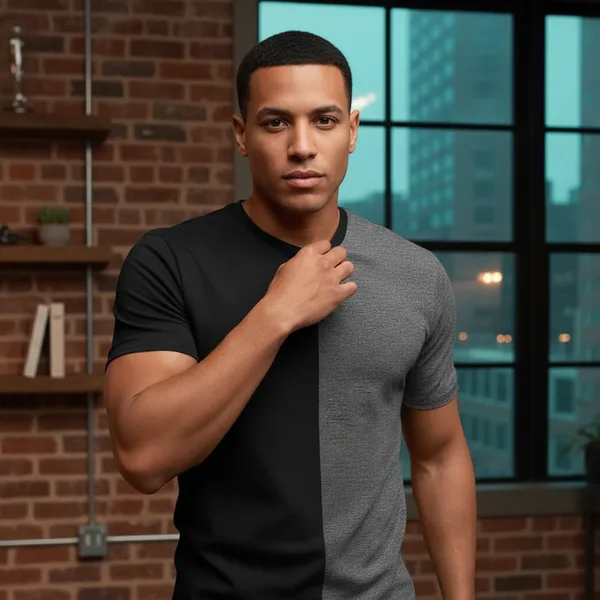 Hot_Button_Men_S_Two_Tone_V_Neck_T_Shirt_Black_And_Grey_Short_Sleeve_Slim_Fit
