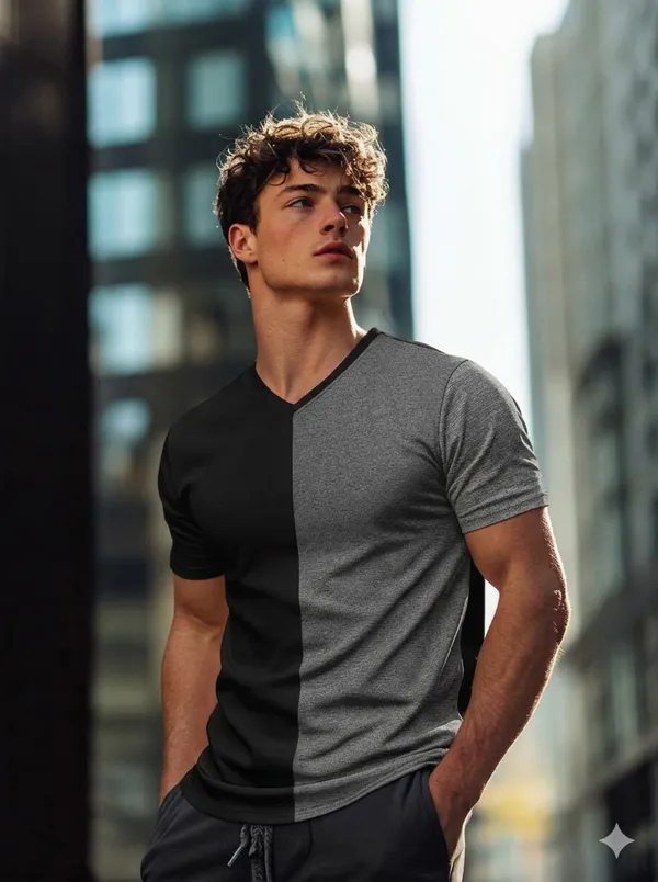 Hot_Button_Men_S_Two_Tone_V_Neck_T_Shirt_Black_And_Grey_Short_Sleeve_Slim_Fit
