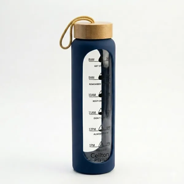 Time_Marked_Motivational_Glass_Water_Bottle_With_Bamboo_Lid_And_Carrying_Strap_Navy_Blue