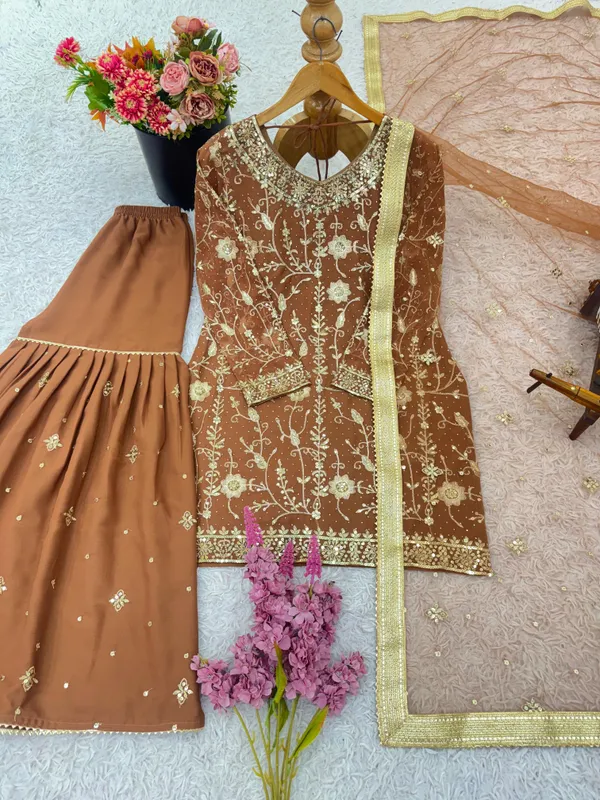 Brown_Georgette_Premium_And_Fancy_Design_Sharara_Suit_Set_For_Women