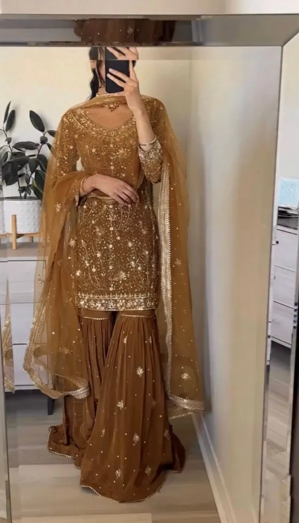 Brown_Georgette_Premium_And_Fancy_Design_Sharara_Suit_Set_For_Women