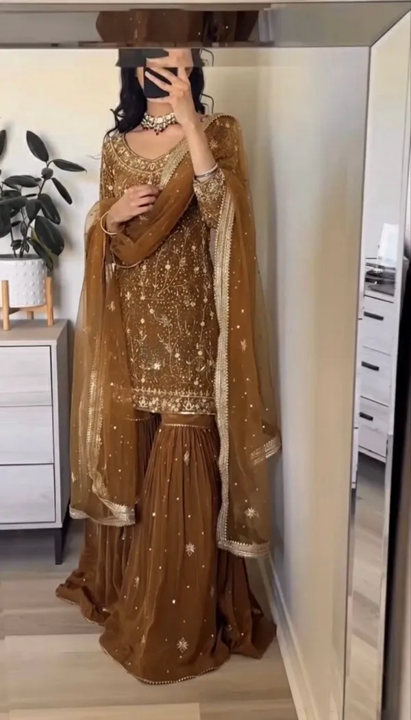 Brown_Georgette_Premium_And_Fancy_Design_Sharara_Suit_Set_For_Women