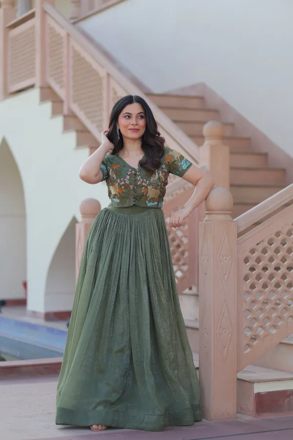 Green_Satin_Premium_And_Fancy_Design_Crop_Top_&_Skirt_Set_For_Women