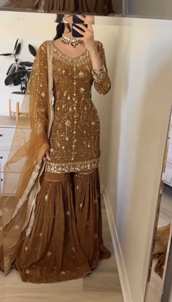 Brown_Georgette_Premium_And_Fancy_Design_Sharara_Suit_Set_For_Women
