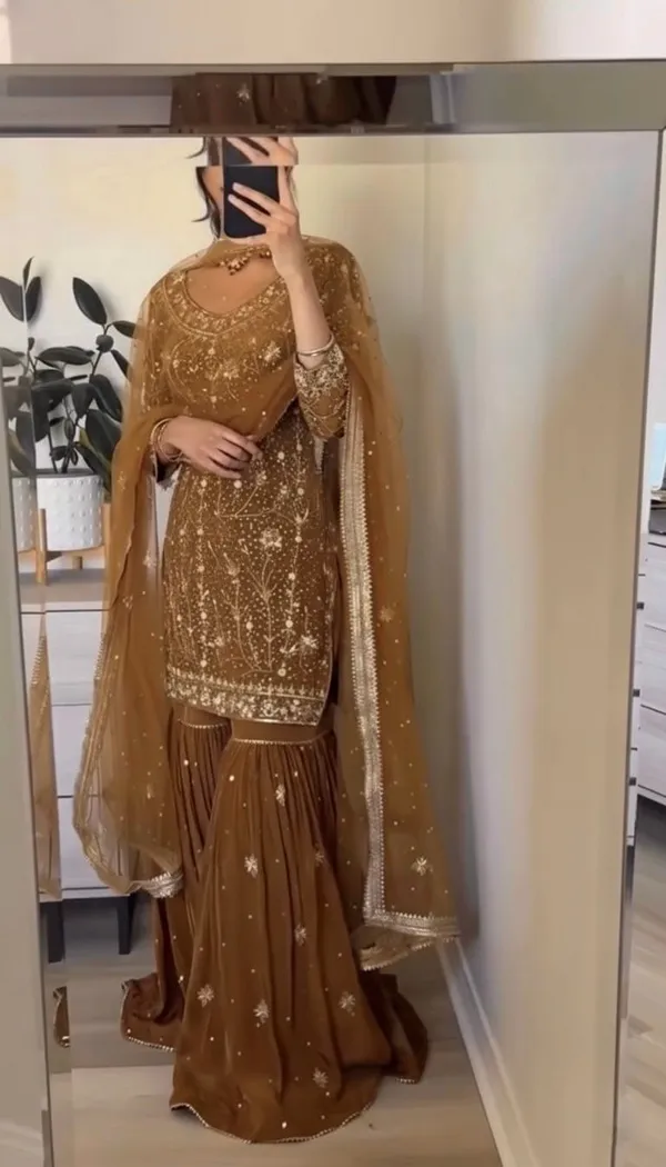 Brown_Georgette_Premium_And_Fancy_Design_Sharara_Suit_Set_For_Women