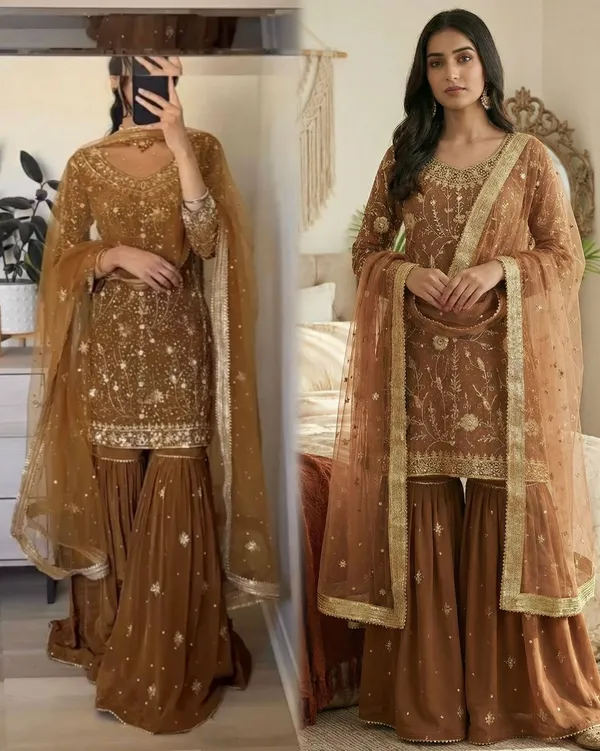 Brown_Georgette_Premium_And_Fancy_Design_Sharara_Suit_Set_For_Women