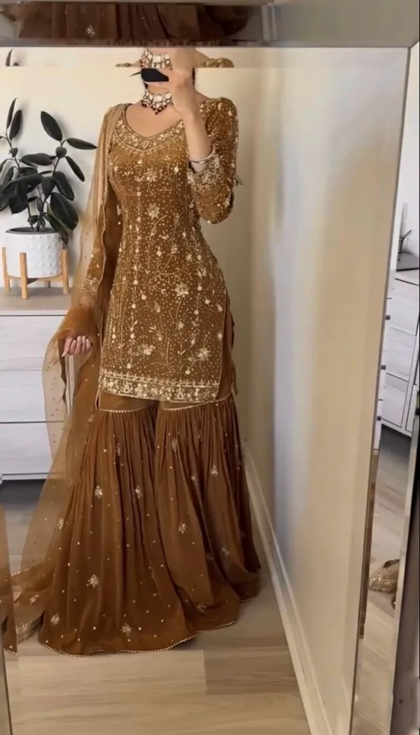 Brown_Georgette_Premium_And_Fancy_Design_Sharara_Suit_Set_For_Women