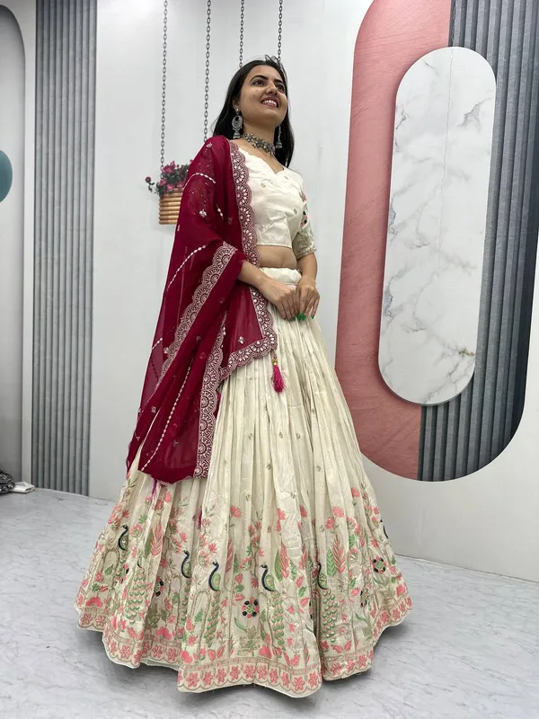 White_and_maroon_dupatta_Pure_Tissue_Silk_Lehenga_Choli_For_women