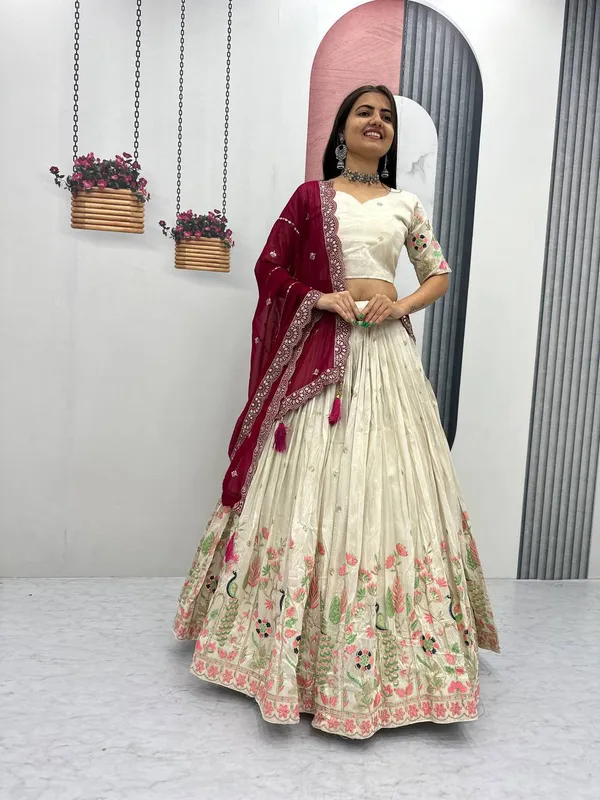 White_and_maroon_dupatta_Pure_Tissue_Silk_Lehenga_Choli_For_women