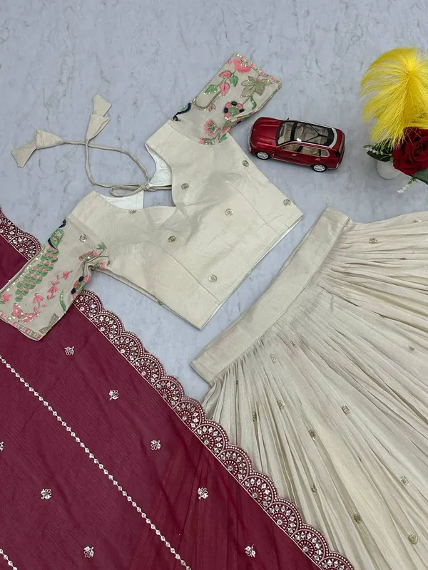 White_and_maroon_dupatta_Pure_Tissue_Silk_Lehenga_Choli_For_women