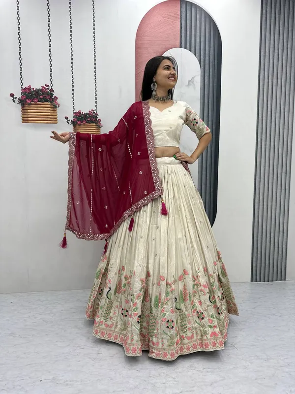 White_and_maroon_dupatta_Pure_Tissue_Silk_Lehenga_Choli_For_women