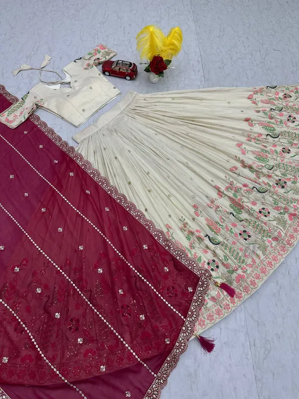 White_and_maroon_dupatta_Pure_Tissue_Silk_Lehenga_Choli_For_women