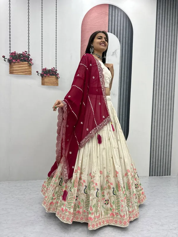 White_and_maroon_dupatta_Pure_Tissue_Silk_Lehenga_Choli_For_women