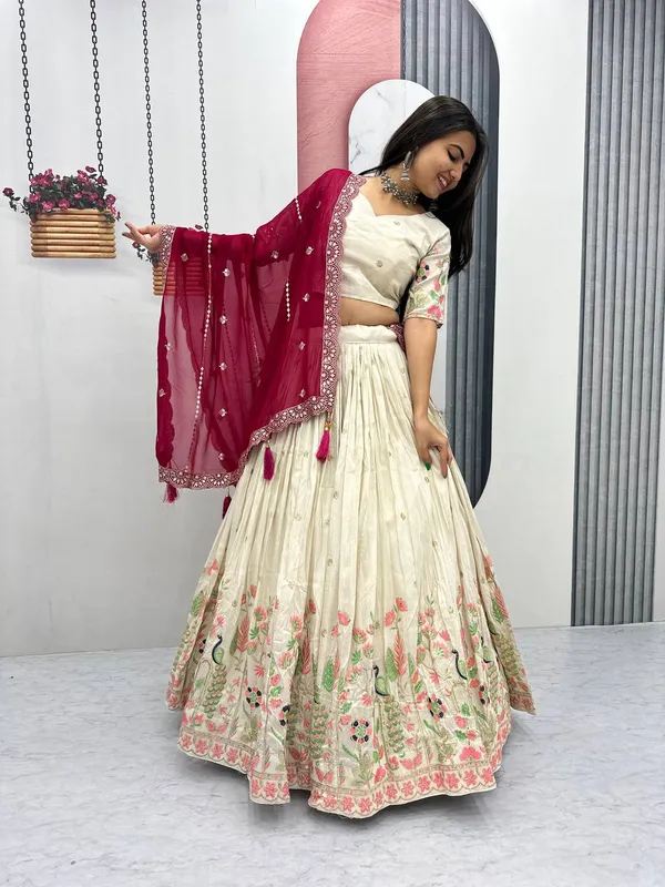 White_and_maroon_dupatta_Pure_Tissue_Silk_Lehenga_Choli_For_women