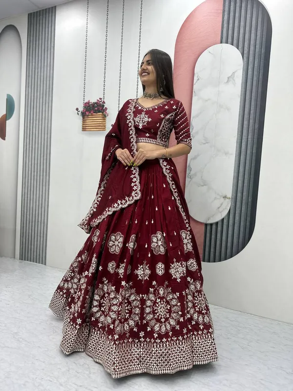 Maroon_Heavy_pure_vichitra_silk_Lehenga_Choli_For_women