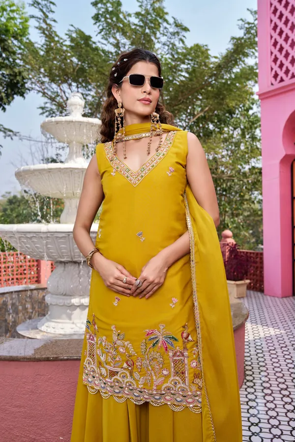 Yellow_Pure_Star_Georgette_Kurti_Plazzo_For_women