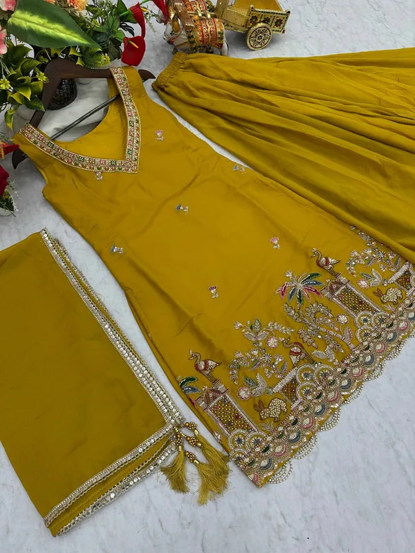 Yellow_Pure_Star_Georgette_Kurti_Plazzo_For_women