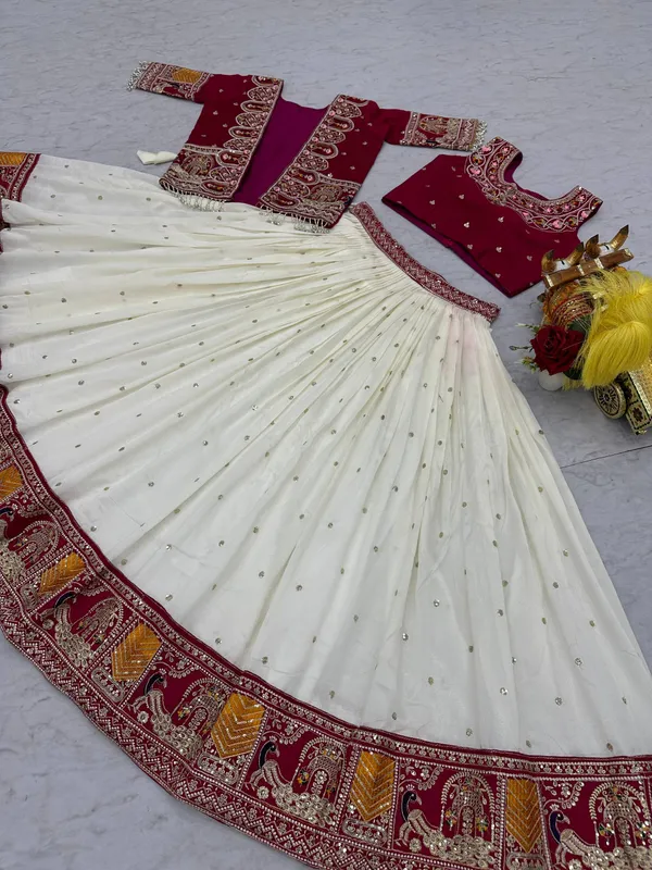 Red_And_White_Pure_Vichitra_Lehenga_Choli_For_women