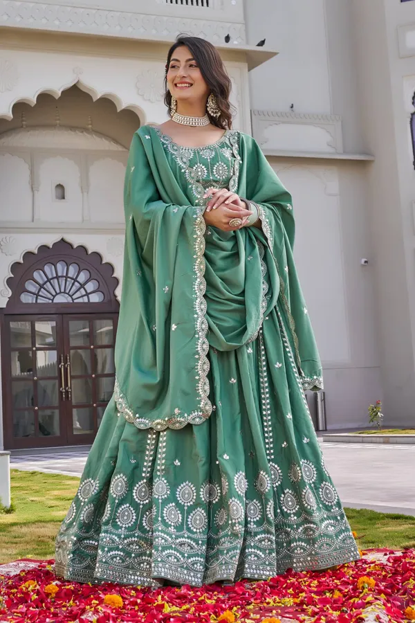 Green_pure_Crep_silk_Lehenga_Choli_For_women